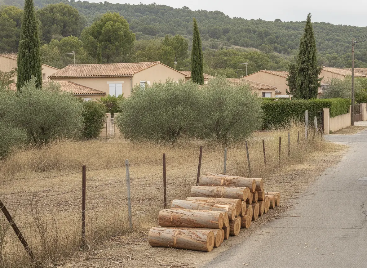 Bord de rue dégagé et rondins empilés après abattage de l'eucalyptus à Puget-sur-Argens