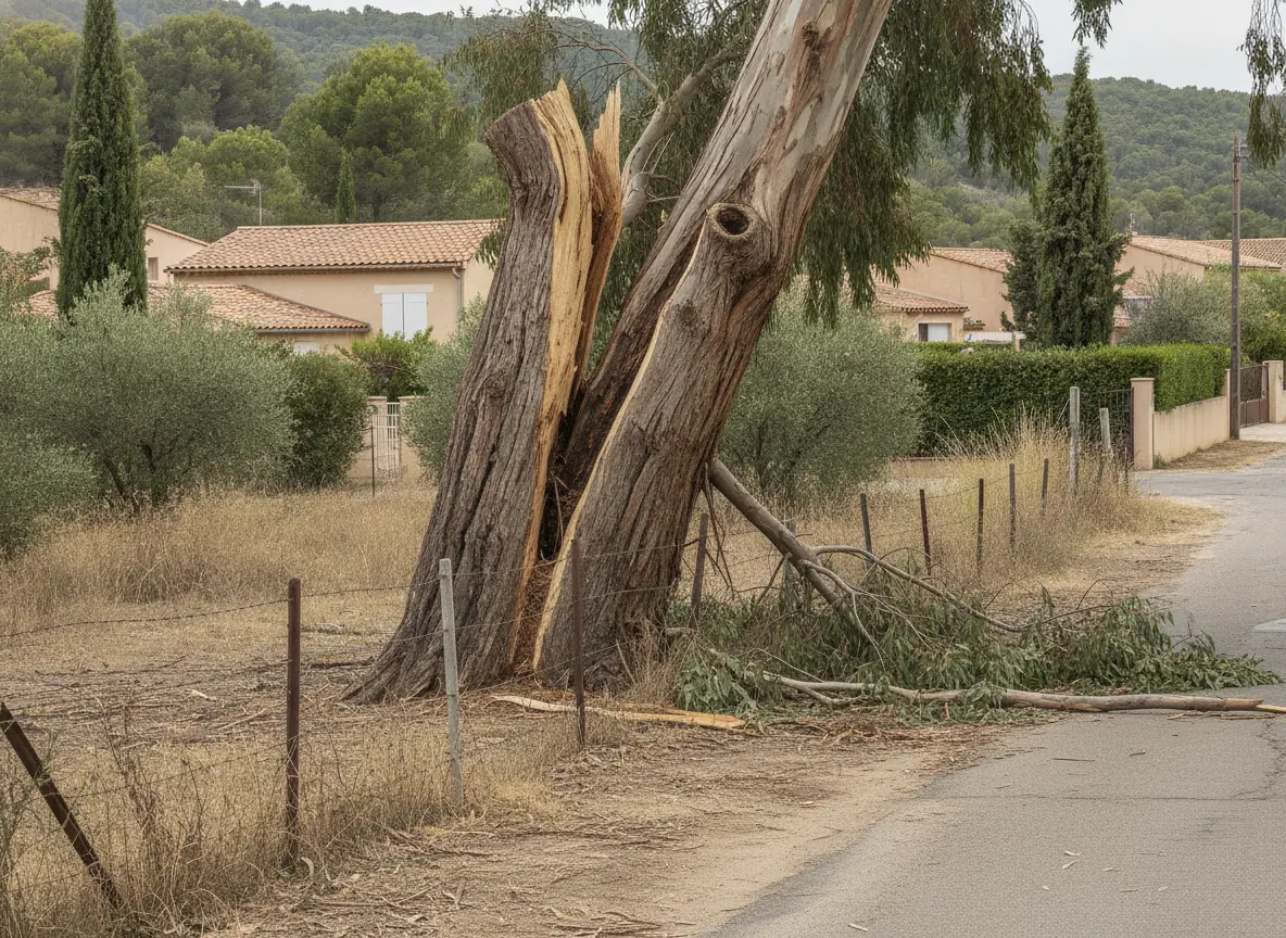 Eucalyptus fendu par la tempête, penché sur une clôture en bordure de rue à Puget-sur-Argens
