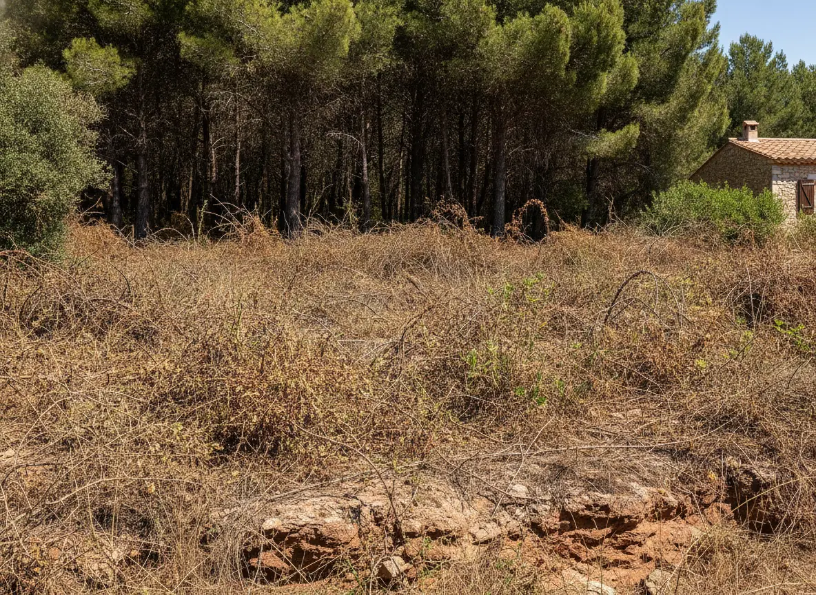 Parcelle envahie de ronces et genêts secs en lisière de forêt aux Adrets-de-l'Estérel avant débroussaillage