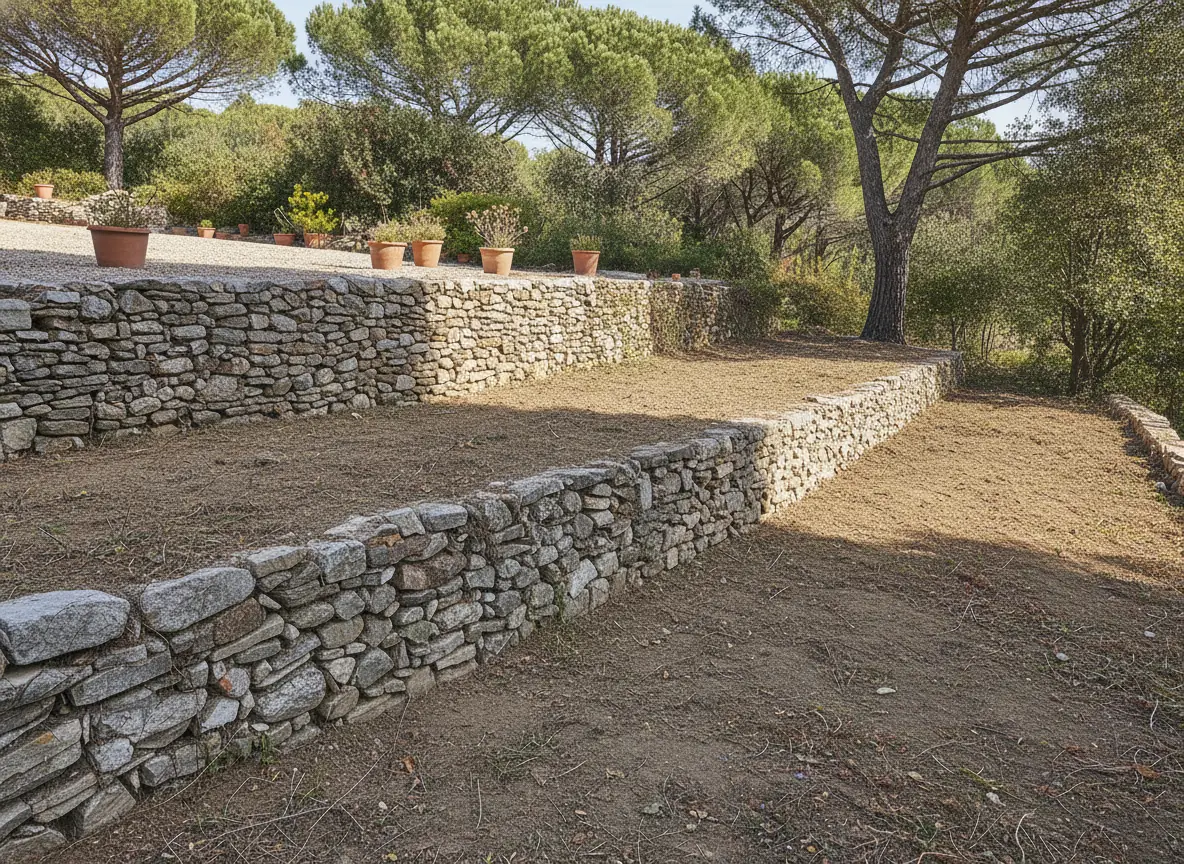 Restanques en pierre sèche dégagées avec sol propre à Valescure, Saint-Raphaël, après débroussaillage
