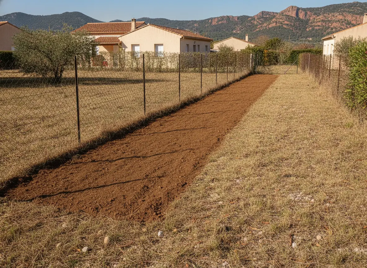 Bande de terre dégagée et plane après dessouchage à Puget-sur-Argens