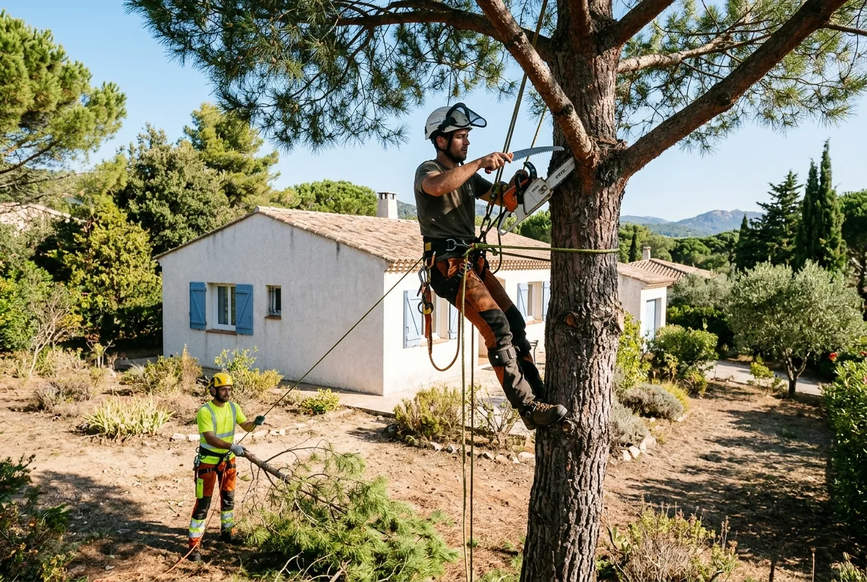 Élagueur taillant un pin dans un jardin à Fréjus
