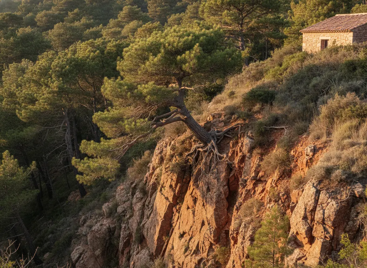 Pin en devers sur un talus rocheux escarpé aux Adrets-de-l'Estérel