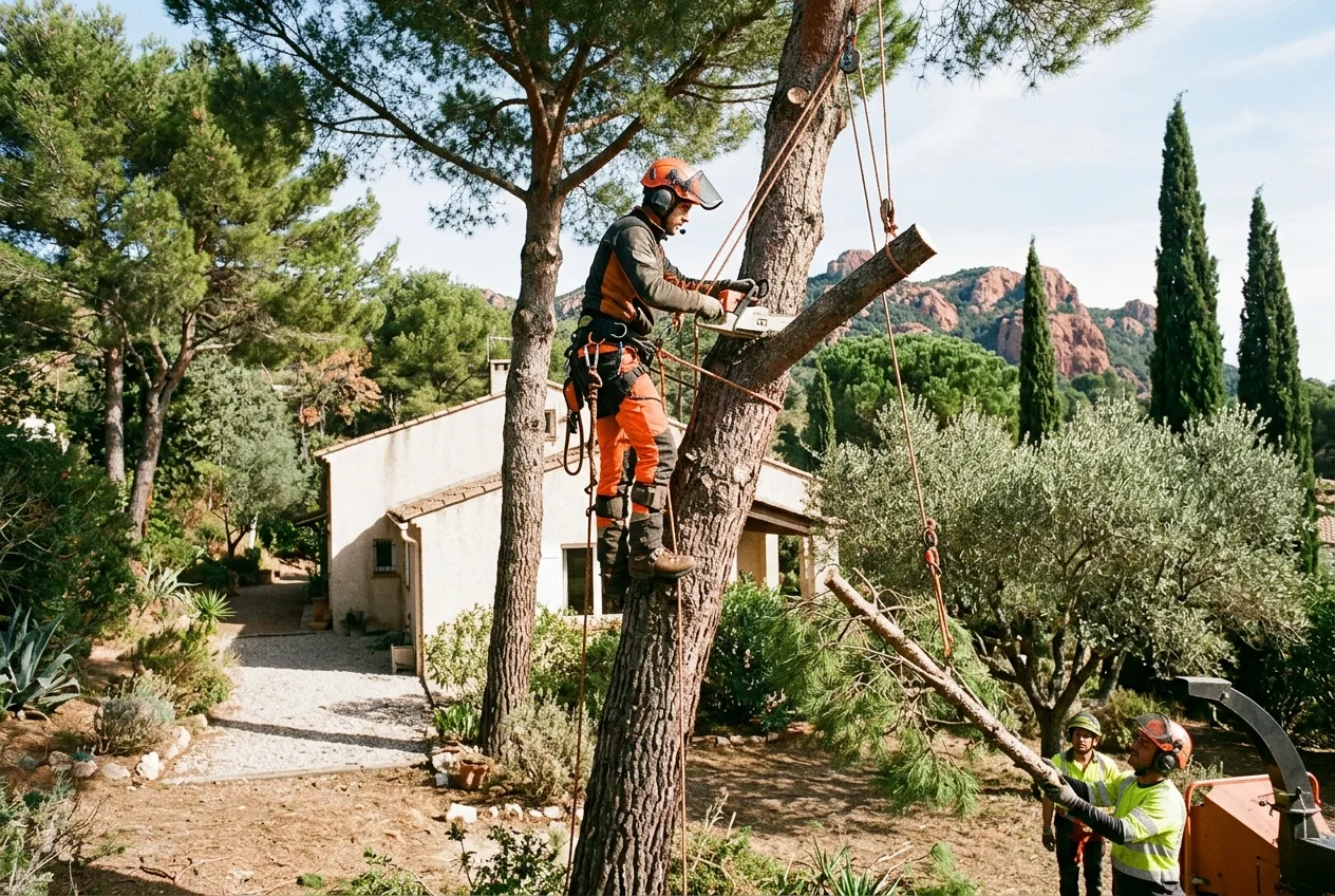 Arboriste grimpeur encordé dans un pin à Fréjus