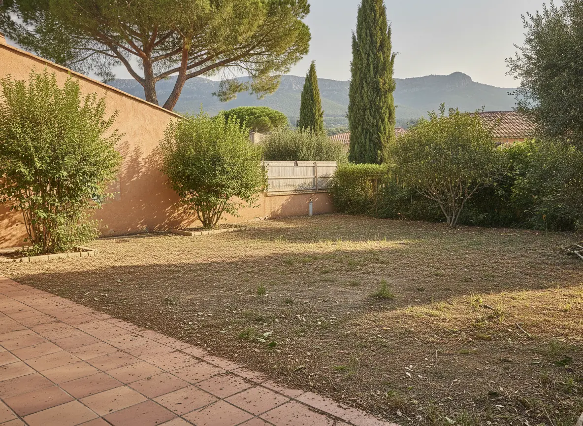 Jardin propre et balayé après évacuation des déchets verts à La Tour de Mare, Fréjus