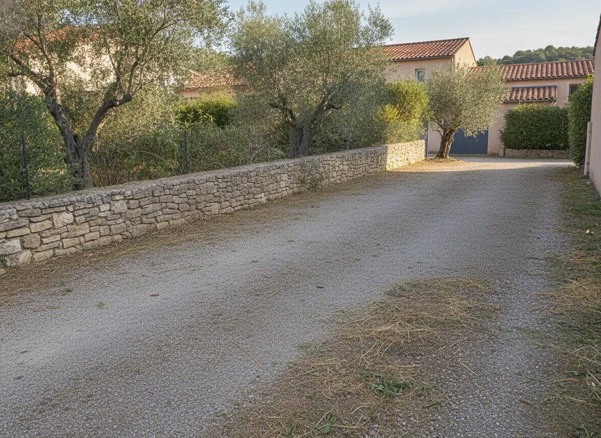 Allée gravillonnée dégagée et balayée après ramassage des déchets verts à Puget-sur-Argens