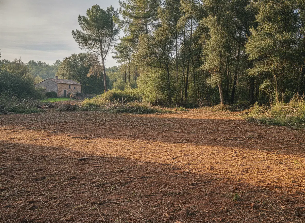 Terrain forestier vidé et ratissé après évacuation des troncs à Bagnols-en-Forêt
