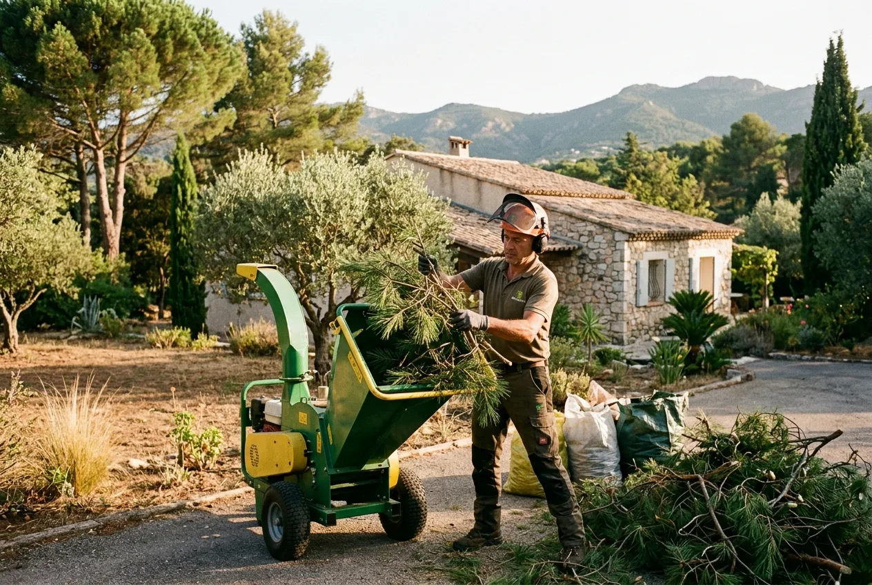 Broyage de branches après élagage à Roquebrune