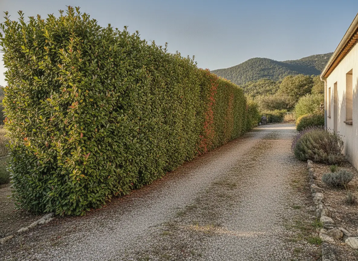 Haie de photinias aux lignes nettes et allée dégagée à Puget-sur-Argens