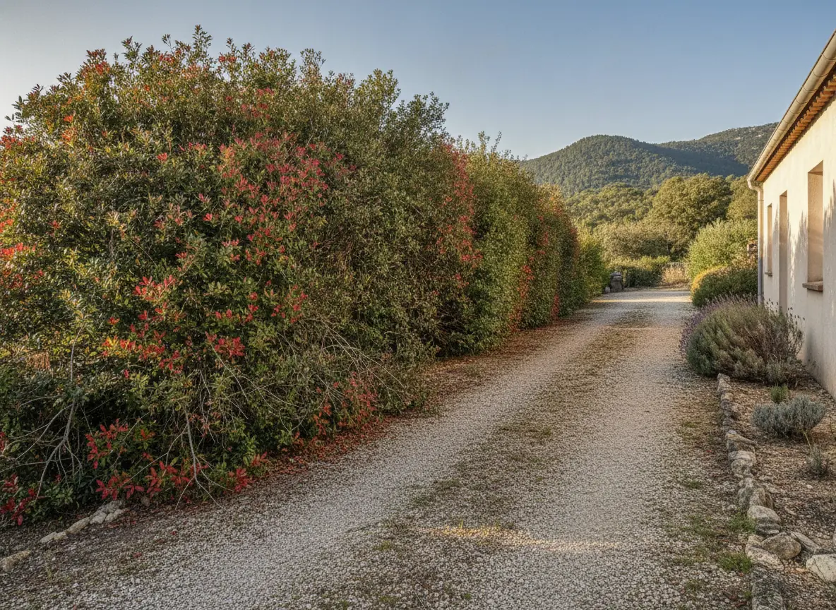 Haie de photinias irrégulière débordant sur l'allée à Puget-sur-Argens